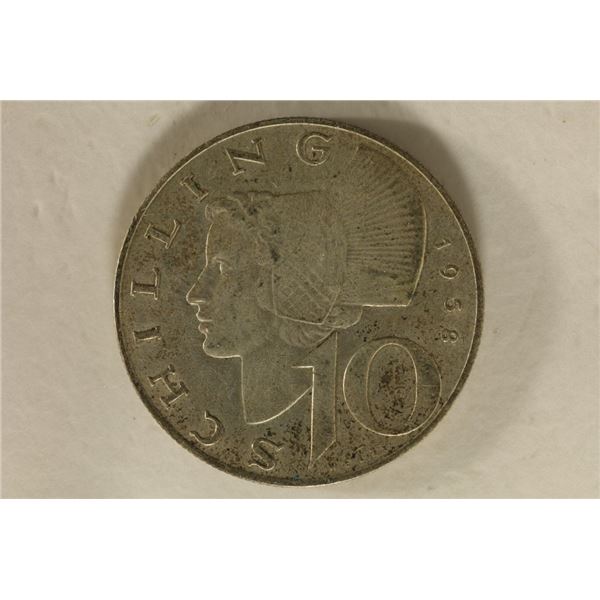 1958 AUSTRIA SILVER 10 SHILLINGS .1543 OZ. ASW