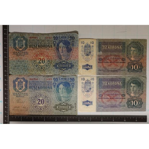 4 AUSTRIA BILLS: 2-1915-10 KORONAS & 2-1913-20