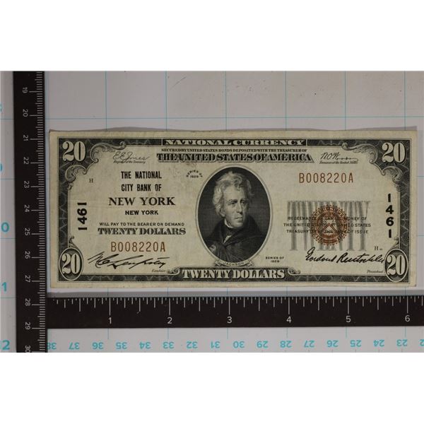 1929 TYPE I US $20 NATIONAL CURRENCY OF NEW YORK