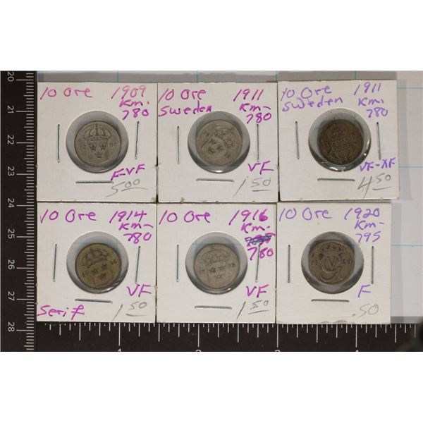1909, 2-1911, 1914, 1916 & 1920 SWEDEN SILVER 10
