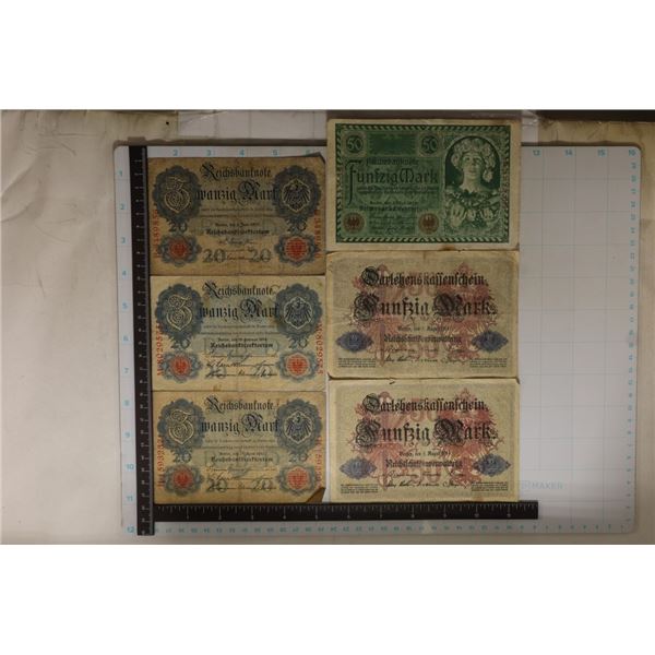 6 ASSORTED GERMAN BILLS: 3-20 MARK BILLS (1907,