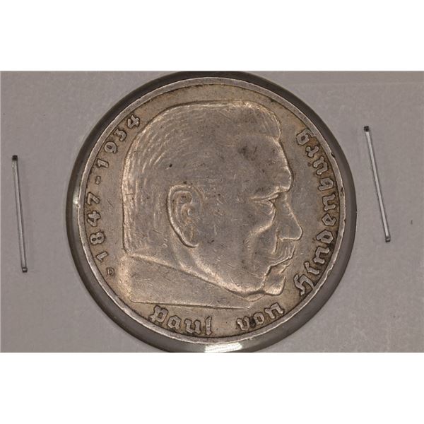 1936-D GERMAN SILVER 5 MARK .4016 OZ. ASW