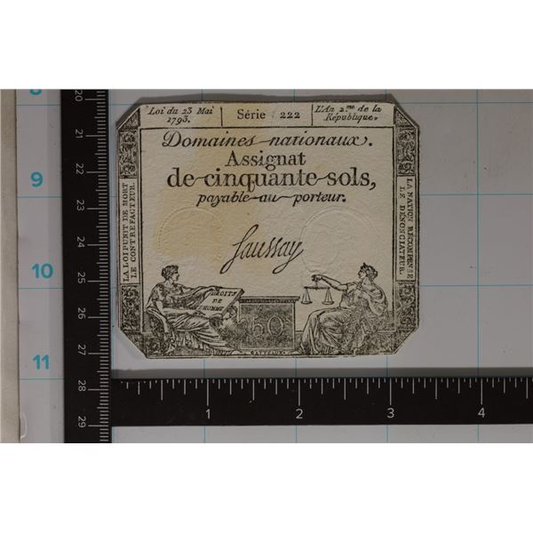 1793 FRENCH 50 SOL ASSIGNAT NOTE ISSUED DURING