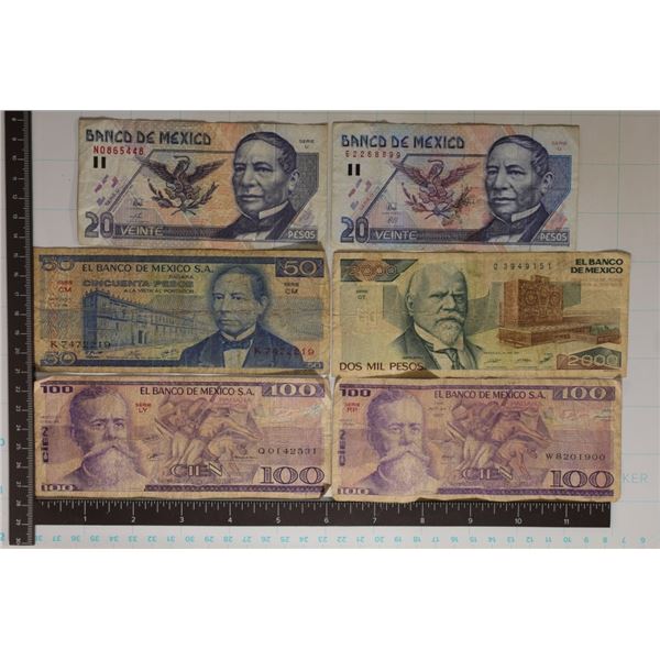 6-MEXICO BILLS: 2-20 PESOS, 1-50 PESO, 2-100