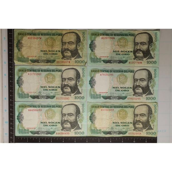 6-PERU 1000 SOLE BILLS: ALL ARE 1979'S