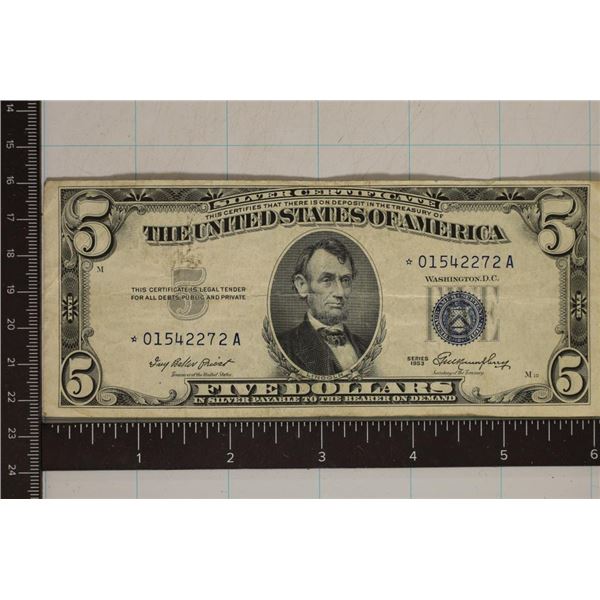 1953 $5 STAR NOTE SILVER CERT, BLUE CERT