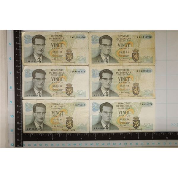 6-BELGIUM 20 FRANC BILLS ALL CIRCULATED