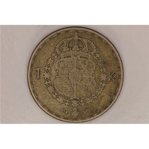 1950 SWEDEN SILVER 1 KRONER .09 OZ. ASW