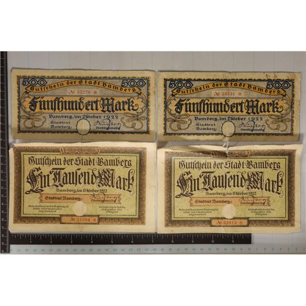 4 LARGE SIZE GERMAN NOTGELDS: 2-500 MARK FROM