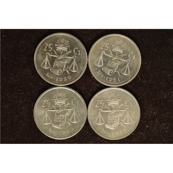 1950, 51, 52 & 1953 MEXICO SILVER 25 CENTAVOS