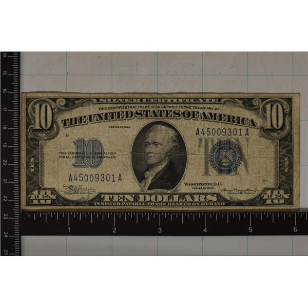 1934 US TEN DOLLAR SILVER CERTIFICATE BLUE SEAL
