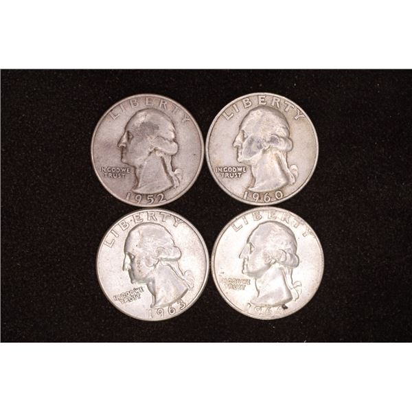 1952-S, 60-D, 63 & 1964 WASHINGTON SILVER QUARTERS