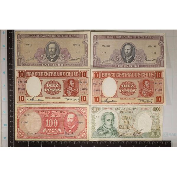 6-CHILE BILLS: 2-1 ESCUDOS, 2-10 ESCUDOS, 1-100