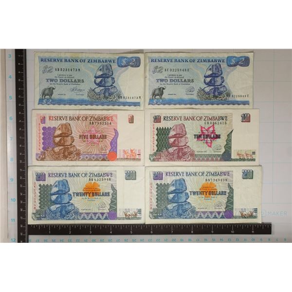 6-ZIMBABWE BILLS: 2-$2 (1983 & 1994), $5 (1997),