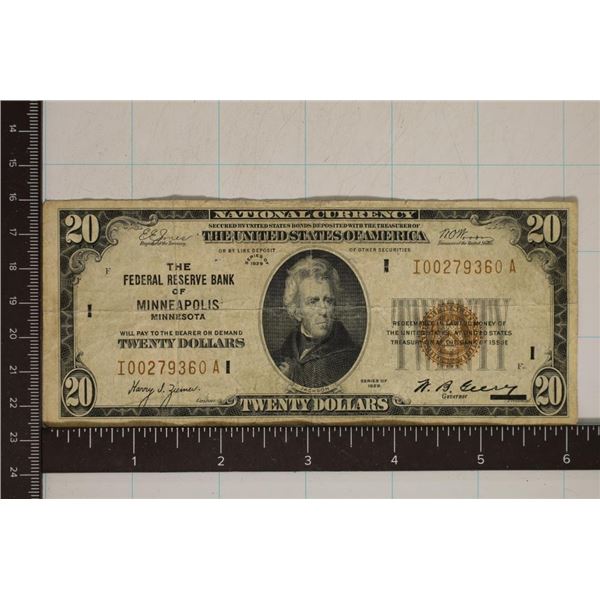 1929 US $20 NATIONAL CURRENCY BROWN SEAL