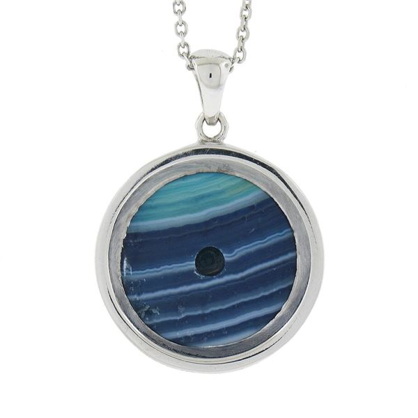 New 14k Gold Round Cabochon Blue Banded Agate Pendant on Adjustable Cable Chain