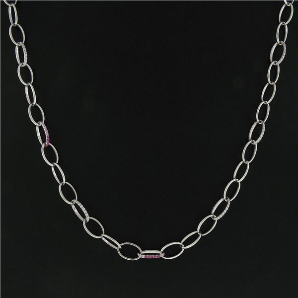 Platinum Long 29" Open Oval Link Chain Slip On Necklace w/ Diamond & Pink Stones
