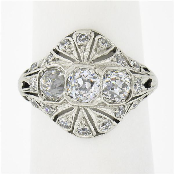 Antique Edwardian Platinum European Diamond Milgrain Engraved Dome Mosaic Ring