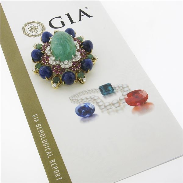 Handmade Solid Gold GIA Carved Emerald Lapis Ruby Diamond Floral Pin Brooch