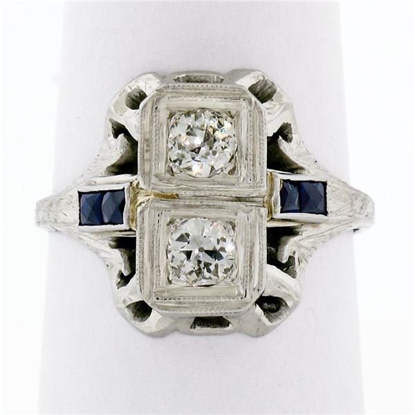Antique Art Deco 18K White Gold .46 ctw Diamond Sapphire Open Etched Dinner Ring