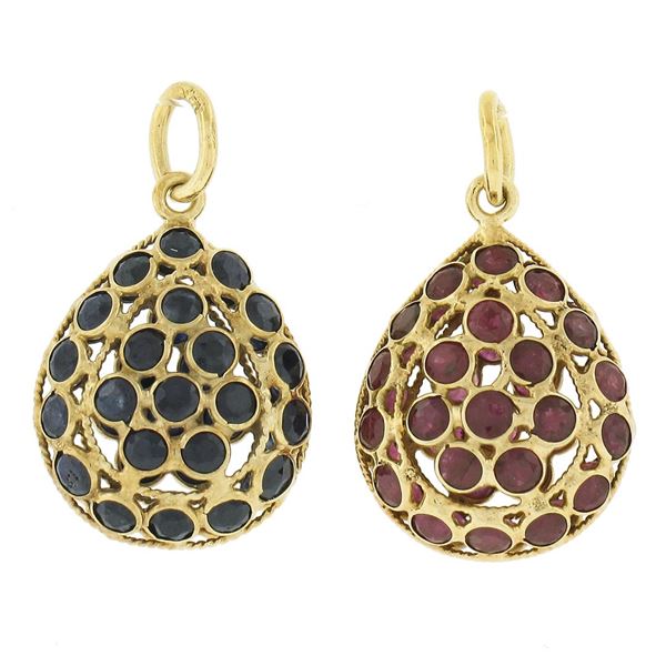 Pair 18k Yellow Gold Bezel Set Sapphire & Ruby Puffed Teardrop Charms Pendants