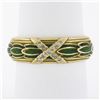 Image 8 : Vintage Solid 14K Yellow Gold Green Enamel Wide Band Ring & X Shape Pave Diamond