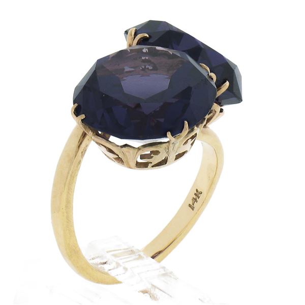 Vintage 14k Yellow Gold Round Alexandrite Purple Twin Moi et Toi Bypass Ring