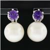 Image 2 : Vintage 18k White Gold Large 14mm White Pearl Round Amethyst Drop Omega Earrings