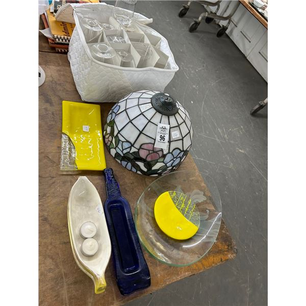 Art Glass Trays, Leaded Glass Lamp Shade, Etched Stems