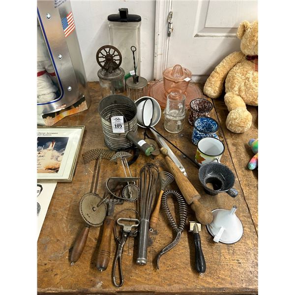 Vintage Utensils, Enamel Mugs, Depression Glass, Dishes, Shifter, More