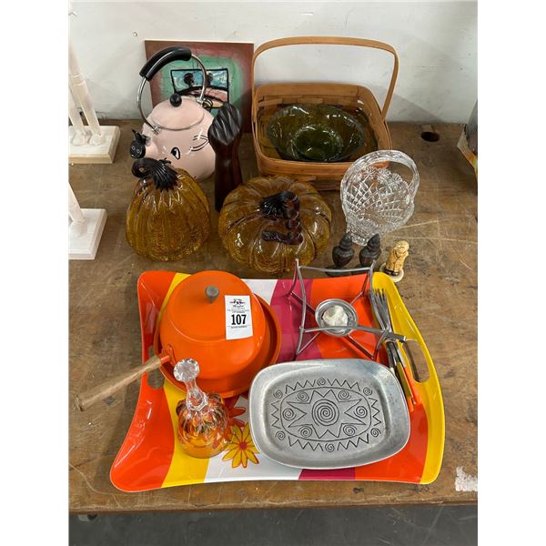 Art Glass Pumpkins, Bell, Pig Style Teapot, Signed/Numbered Longaberger Basket, Hummel, Décor