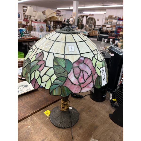 Ornate Bronze Base Floral Leaded Lamp