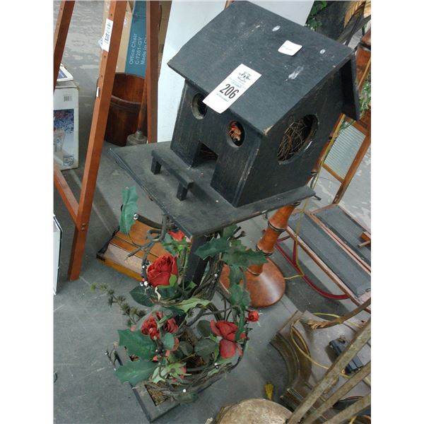 Rose Bush Covered Pedestal Bird House