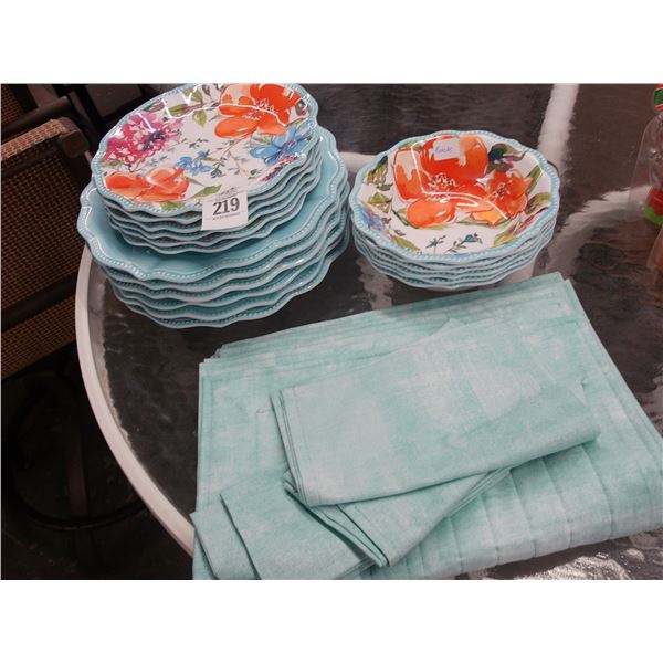 Plastic Flora Dishes, Teal Placemats