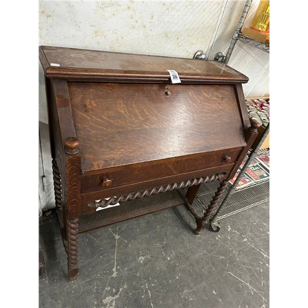 Tiger Oak Spun Trim Drop Front Desk w/Some Supplies