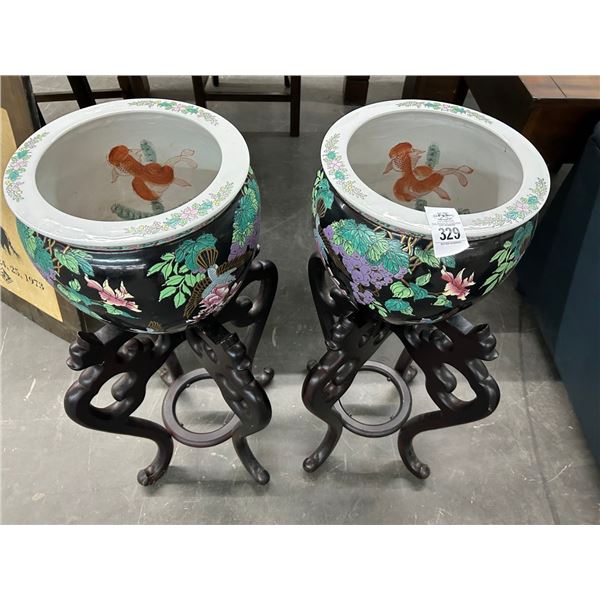 Oriental Fish Bowls w/Ornate Stands - Pair