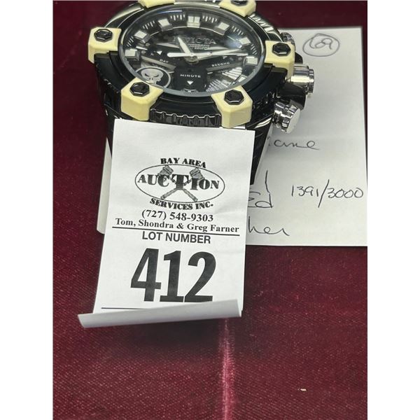 Invicta Watch # 26762 Black/Chrome w/Coalition Forces Printed on Band w/Skull Face