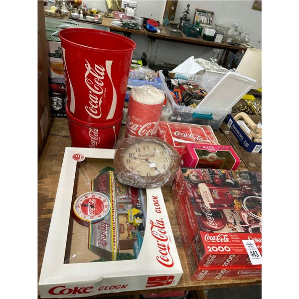 Coca Cola Diner Clock, Waste Cans, Pillow, Alarm Clock, Puzzles