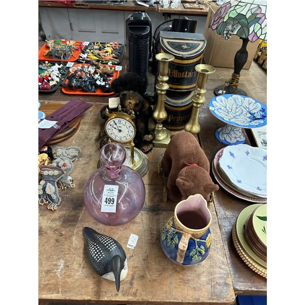 Brass Candlesticks, Decoy Dusk, Plush Bears, Spice Cabinet, Anniversary Clock