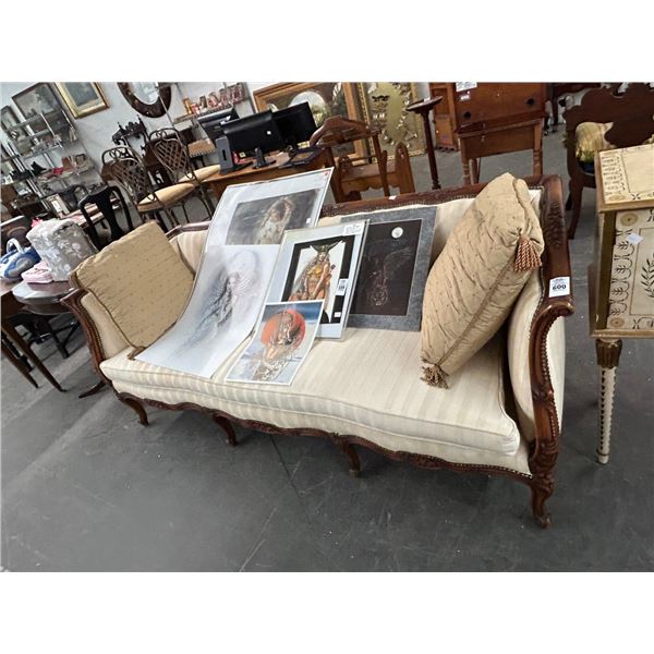 Carved Mahogany Trim Beige Striped Sofa