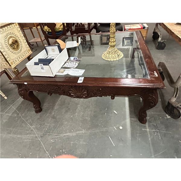 Oversized Carved Mahogany Glasstop Coffee Table
