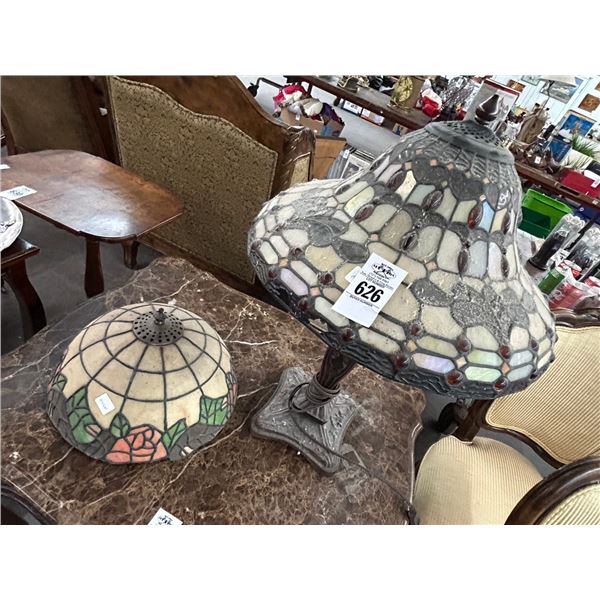 Ornate Bronze Base Leaded Glass Lamp, Floral Shade