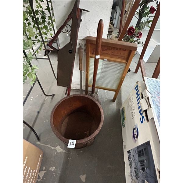 Bed Warmer, Washboard, Wooden Bucket, Vintage Implaments