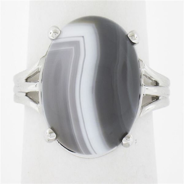 New 14k White Gold 18.2x13mm Oval Cabochon Prong Set Gray Agate Solitaire Ring