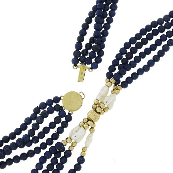 Vintage 31" Blue Lapis & Pearl Bead Multi Strand Necklace w/ 14k Gold Clasp Bead