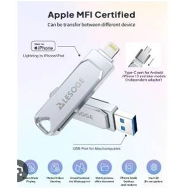 Lesoge MFI Certified Flash Drive, 128GB, Compatible with iPhone/iPad/Android/Mac/Windows