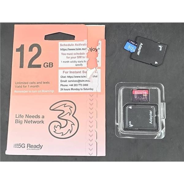 LOT OF 2 Assorted 12 GB Micro SD Card with Adapter and 1 SIM Card