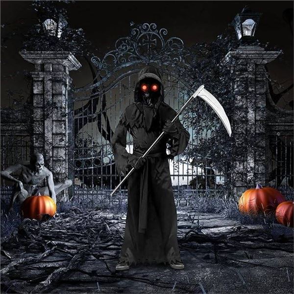 Lomesion Grim Reaper Costume with Scythe and Glowing Red Glasses