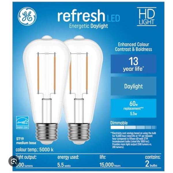 GE Refresh LED ST19 Decorative Daylight Bulbs, 60W Equivalent, Dimmable, Lot of 2, 8 Bulbs Total