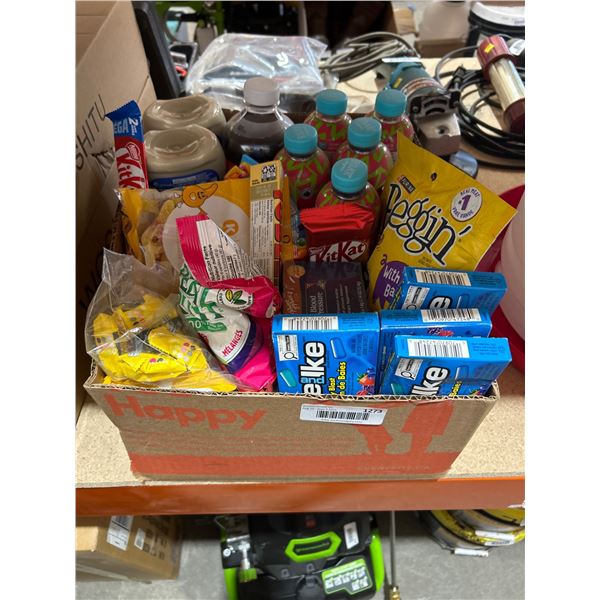 Box lot of Assorted Snacks and Beverages